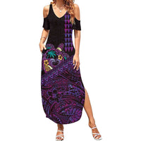 Hawaiian Abstract Sea Turtle Summer Maxi Dress Polynesian Tapa Art and Kakau Tattoo Purple WaterColor LT03 Women Black - Polynesian Pride
