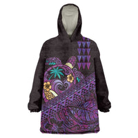 Hawaiian Abstract Sea Turtle Wearable Blanket Hoodie Polynesian Tapa Art and Kakau Tattoo Purple WaterColor LT03 One Size Black - Polynesian Pride