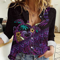 Hawaiian Abstract Sea Turtle Women Casual Shirt Polynesian Tapa Art and Kakau Tattoo Purple WaterColor LT03 Female Black - Polynesian Pride