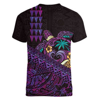 Hawaiian Abstract Sea Turtle Women V-Neck T-Shirt Polynesian Tapa Art and Kakau Tattoo Purple WaterColor LT03 - Polynesian Pride