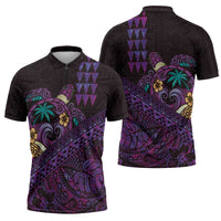 Hawaiian Abstract Sea Turtle Zipper Polo Shirt Polynesian Tapa Art and Kakau Tattoo Purple WaterColor LT03 - Polynesian Pride