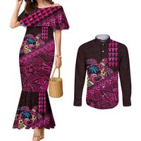Hawaiian Abstract Sea Turtle Couples Matching Mermaid Dress and Long Sleeve Button Shirt Polynesian Tapa Art and Kakau Tattoo Pink WaterColor LT03 Black - Polynesian Pride