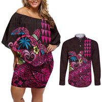 Hawaiian Abstract Sea Turtle Couples Matching Off Shoulder Short Dress and Long Sleeve Button Shirt Polynesian Tapa Art and Kakau Tattoo Pink WaterColor LT03 Black - Polynesian Pride