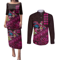 Hawaiian Abstract Sea Turtle Couples Matching Puletasi and Long Sleeve Button Shirt Polynesian Tapa Art and Kakau Tattoo Pink WaterColor LT03 Black - Polynesian Pride