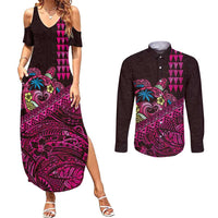 Hawaiian Abstract Sea Turtle Couples Matching Summer Maxi Dress and Long Sleeve Button Shirt Polynesian Tapa Art and Kakau Tattoo Pink WaterColor LT03 Black - Polynesian Pride