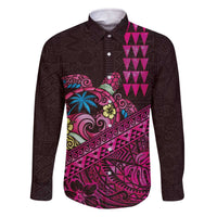 Hawaiian Abstract Sea Turtle Family Matching Off The Shoulder Long Sleeve Dress and Hawaiian Shirt Polynesian Tapa Art and Kakau Tattoo Pink WaterColor LT03 Dad's Shirt - Long Sleeve Black - Polynesian Pride