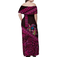 Hawaiian Abstract Sea Turtle Family Matching Off Shoulder Maxi Dress and Hawaiian Shirt Polynesian Tapa Art and Kakau Tattoo Pink WaterColor LT03 - Polynesian Pride