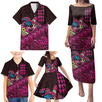 Hawaiian Abstract Sea Turtle Family Matching Puletasi and Hawaiian Shirt Polynesian Tapa Art and Kakau Tattoo Pink WaterColor LT03 - Polynesian Pride