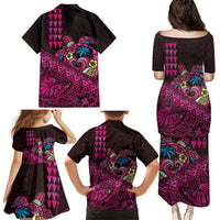 Hawaiian Abstract Sea Turtle Family Matching Puletasi and Hawaiian Shirt Polynesian Tapa Art and Kakau Tattoo Pink WaterColor LT03 - Polynesian Pride