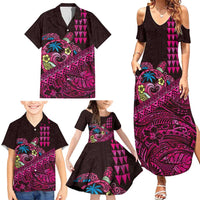 Hawaiian Abstract Sea Turtle Family Matching Summer Maxi Dress and Hawaiian Shirt Polynesian Tapa Art and Kakau Tattoo Pink WaterColor LT03 - Polynesian Pride