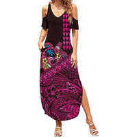 Hawaiian Abstract Sea Turtle Family Matching Summer Maxi Dress and Hawaiian Shirt Polynesian Tapa Art and Kakau Tattoo Pink WaterColor LT03 Mom's Dress Black - Polynesian Pride