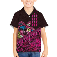Hawaiian Abstract Sea Turtle Kid Hawaiian Shirt Polynesian Tapa Art and Kakau Tattoo Pink WaterColor LT03 Kid Black - Polynesian Pride