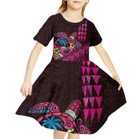 Hawaiian Abstract Sea Turtle Kid Short Sleeve Dress Polynesian Tapa Art and Kakau Tattoo Pink WaterColor LT03 - Polynesian Pride