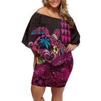 Hawaiian Abstract Sea Turtle Off Shoulder Short Dress Polynesian Tapa Art and Kakau Tattoo Pink WaterColor LT03 Women Black - Polynesian Pride