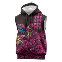 Hawaiian Abstract Sea Turtle Sleeveless Zip Hoodie Polynesian Tapa Art and Kakau Tattoo Pink WaterColor LT03 Black - Polynesian Pride