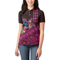 Hawaiian Abstract Sea Turtle Women Polo Shirt Polynesian Tapa Art and Kakau Tattoo Pink WaterColor LT03 - Polynesian Pride