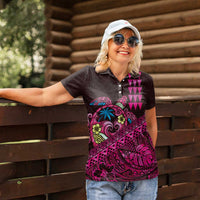 Hawaiian Abstract Sea Turtle Women Polo Shirt Polynesian Tapa Art and Kakau Tattoo Pink WaterColor LT03 - Polynesian Pride