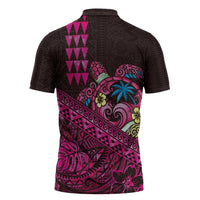 Hawaiian Abstract Sea Turtle Zipper Polo Shirt Polynesian Tapa Art and Kakau Tattoo Pink WaterColor LT03 - Polynesian Pride