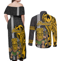Hawaii Island Couples Matching Off Shoulder Maxi Dress and Long Sleeve Button Shirts Hawaiian Warrior and Kakau Symbols Abstract Tattoo LT03 - Polynesian Pride