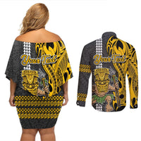 Custom Hawaii Island Couples Matching Off Shoulder Short Dress and Long Sleeve Button Shirts Hawaiian Warrior and Kakau Symbols Abstract Tattoo LT03 - Polynesian Pride