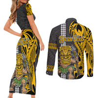 Custom Hawaii Island Couples Matching Short Sleeve Bodycon Dress and Long Sleeve Button Shirts Hawaiian Warrior and Kakau Symbols Abstract Tattoo LT03 - Polynesian Pride