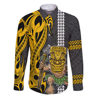 Custom Hawaii Island Family Matching Off Shoulder Maxi Dress and Hawaiian Shirt Hawaiian Warrior and Kakau Symbols Abstract Tattoo LT03 Dad's Shirt - Long Sleeve Yellow - Polynesian Pride