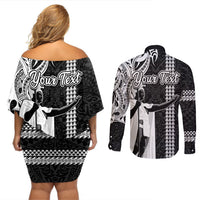 Custom Hawaii Island Couples Matching Off Shoulder Short Dress and Long Sleeve Button Shirts Hawaiian King and Kakau Symbols Abstract Shoulder Tattoo LT03 - Polynesian Pride