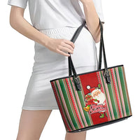 Kiribati Christmas Leather Tote Bag Santa With Gift Bag Behind Ribbons Seamless Red Maori LT03 - Polynesian Pride