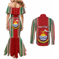 Custom Kiribati Christmas Couples Matching Mermaid Dress and Long Sleeve Button Shirts Santa With Gift Bag Behind Ribbons Seamless Red Maori LT03 - Polynesian Pride
