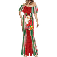 Custom Kiribati Christmas Mermaid Dress Santa With Gift Bag Behind Ribbons Seamless Red Maori LT03 - Polynesian Pride