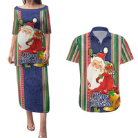 Custom Kiribati Christmas Couples Matching Puletasi Dress and Hawaiian Shirt Santa With Gift Bag Behind Ribbons Seamless Blue Maori LT03 Blue - Polynesian Pride