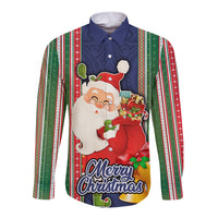 Custom Kiribati Christmas Long Sleeve Button Shirt Santa With Gift Bag Behind Ribbons Seamless Blue Maori LT03 Unisex Blue - Polynesian Pride