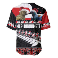 New Zealand Meri Kirihimete Baseball Jersey Christmas Tui Bird and Kea Bird - Haka Santa with Maori Koru Art Pattern LT03 - Polynesian Pride