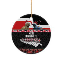 New Zealand Meri Kirihimete Ceramic Ornament Christmas Tui Bird and Kea Bird - Haka Santa with Maori Koru Art Pattern LT03 - Polynesian Pride