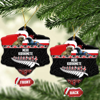 New Zealand Meri Kirihimete Ceramic Ornament Christmas Tui Bird and Kea Bird - Haka Santa with Maori Koru Art Pattern LT03 Snow Flake Black - Polynesian Pride