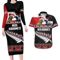 New Zealand Meri Kirihimete Couples Matching Long Sleeve Bodycon Dress and Hawaiian Shirt Christmas Tui Bird and Kea Bird - Haka Santa with Maori Koru Art Pattern LT03 Black - Polynesian Pride