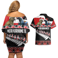 New Zealand Meri Kirihimete Couples Matching Off Shoulder Short Dress and Hawaiian Shirt Christmas Tui Bird and Kea Bird - Haka Santa with Maori Koru Art Pattern LT03 - Polynesian Pride