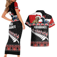New Zealand Meri Kirihimete Couples Matching Short Sleeve Bodycon Dress and Hawaiian Shirt Christmas Tui Bird and Kea Bird - Haka Santa with Maori Koru Art Pattern LT03 - Polynesian Pride