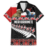 New Zealand Meri Kirihimete Family Matching Off The Shoulder Long Sleeve Dress and Hawaiian Shirt Christmas Tui Bird and Kea Bird - Haka Santa with Maori Koru Art Pattern LT03 Dad's Shirt - Short Sleeve Black - Polynesian Pride