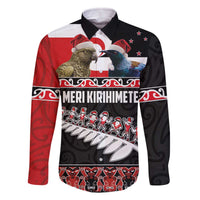 New Zealand Meri Kirihimete Family Matching Off The Shoulder Long Sleeve Dress and Hawaiian Shirt Christmas Tui Bird and Kea Bird - Haka Santa with Maori Koru Art Pattern LT03 Dad's Shirt - Long Sleeve Black - Polynesian Pride