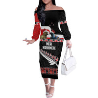 New Zealand Meri Kirihimete Family Matching Off The Shoulder Long Sleeve Dress and Hawaiian Shirt Christmas Tui Bird and Kea Bird - Haka Santa with Maori Koru Art Pattern LT03 Mom's Dress Black - Polynesian Pride