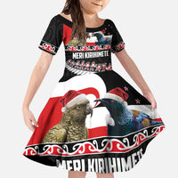 New Zealand Meri Kirihimete Family Matching Off Shoulder Maxi Dress and Hawaiian Shirt Christmas Tui Bird and Kea Bird - Haka Santa with Maori Koru Art Pattern LT03 Daughter's Dress Black - Polynesian Pride