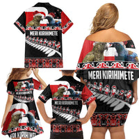 New Zealand Meri Kirihimete Family Matching Off Shoulder Short Dress and Hawaiian Shirt Christmas Tui Bird and Kea Bird - Haka Santa with Maori Koru Art Pattern LT03 - Polynesian Pride