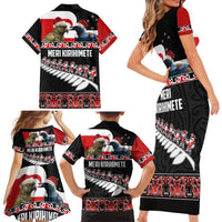 New Zealand Meri Kirihimete Family Matching Short Sleeve Bodycon Dress and Hawaiian Shirt Christmas Tui Bird and Kea Bird - Haka Santa with Maori Koru Art Pattern LT03 - Polynesian Pride