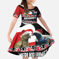 New Zealand Meri Kirihimete Family Matching Tank Maxi Dress and Hawaiian Shirt Christmas Tui Bird and Kea Bird - Haka Santa with Maori Koru Art Pattern LT03 Daughter's Dress Black - Polynesian Pride