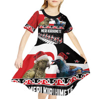New Zealand Meri Kirihimete Kid Short Sleeve Dress Christmas Tui Bird and Kea Bird - Haka Santa with Maori Koru Art Pattern LT03 - Polynesian Pride
