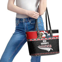 New Zealand Meri Kirihimete Leather Tote Bag Christmas Tui Bird and Kea Bird - Haka Santa with Maori Koru Art Pattern LT03 - Polynesian Pride