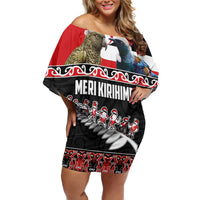 New Zealand Meri Kirihimete Off Shoulder Short Dress Christmas Tui Bird and Kea Bird - Haka Santa with Maori Koru Art Pattern LT03 Women Black - Polynesian Pride