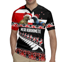 New Zealand Meri Kirihimete Rugby Jersey Christmas Tui Bird and Kea Bird - Haka Santa with Maori Koru Art Pattern LT03 - Polynesian Pride