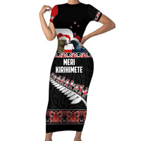 New Zealand Meri Kirihimete Short Sleeve Bodycon Dress Christmas Tui Bird and Kea Bird - Haka Santa with Maori Koru Art Pattern LT03 Long Dress Black - Polynesian Pride